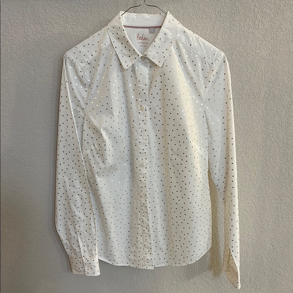 Boden White and Silver Polka Dot Women's Shirt